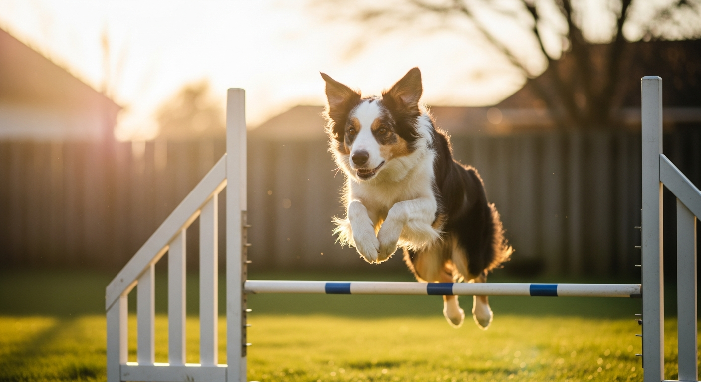 Dog practicing beginner agility in a backyard
