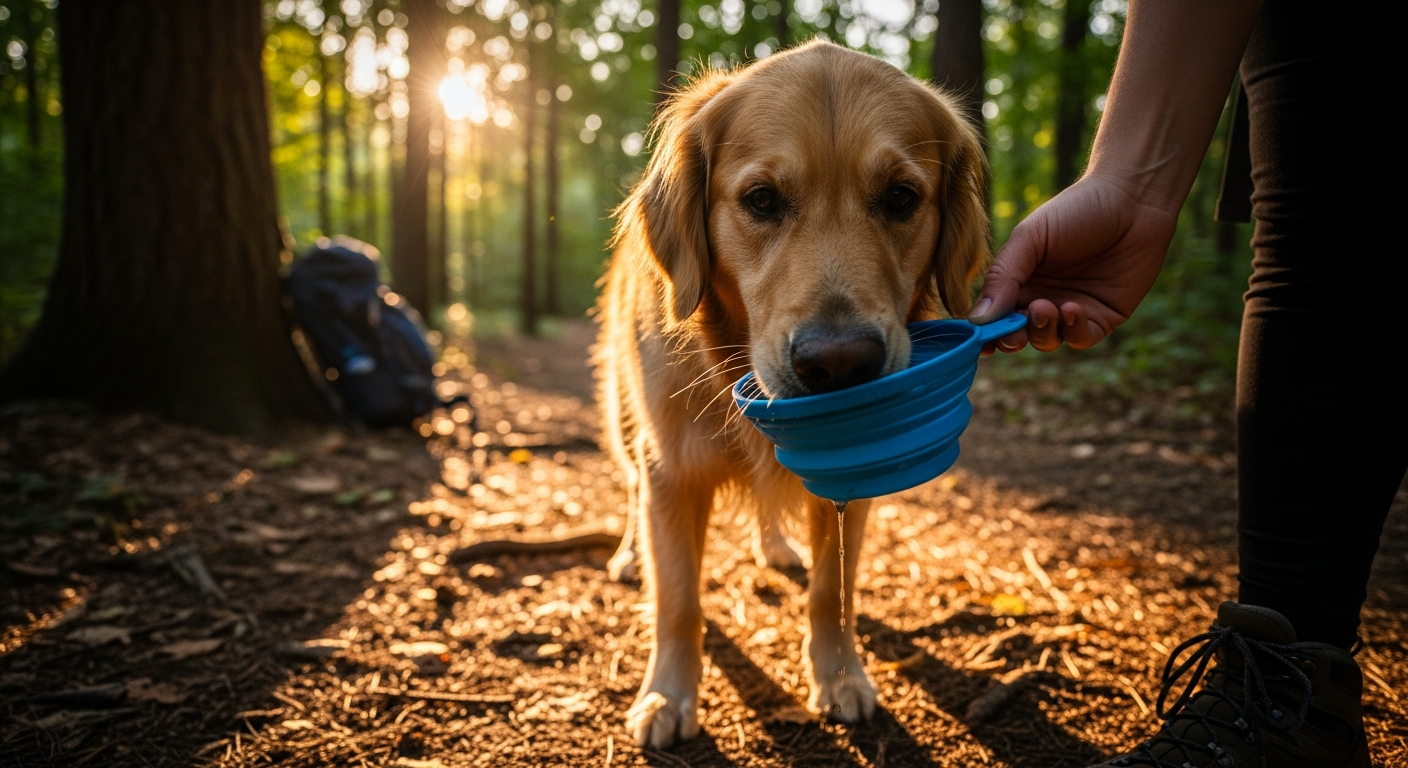 Dog hiking outdoors on a trail with owner
