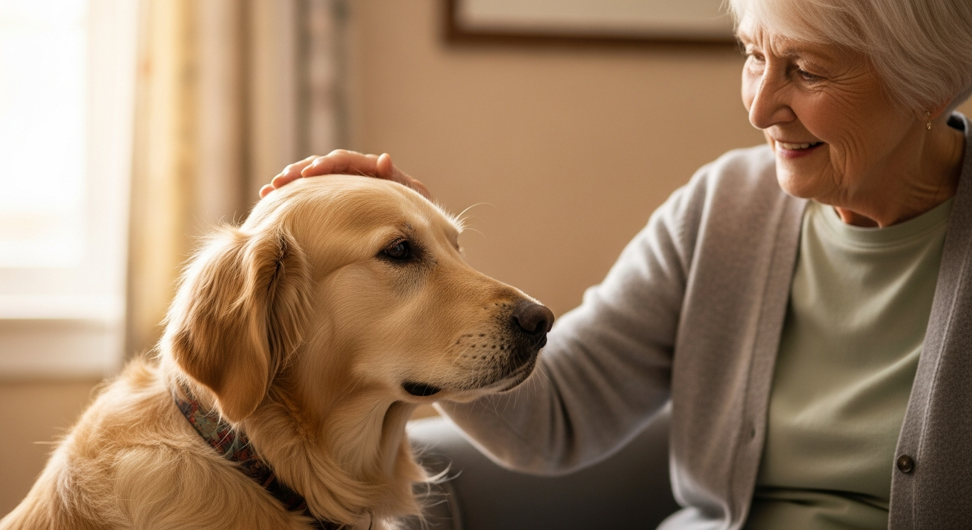 Calm dog visiting with people during a therapy activity